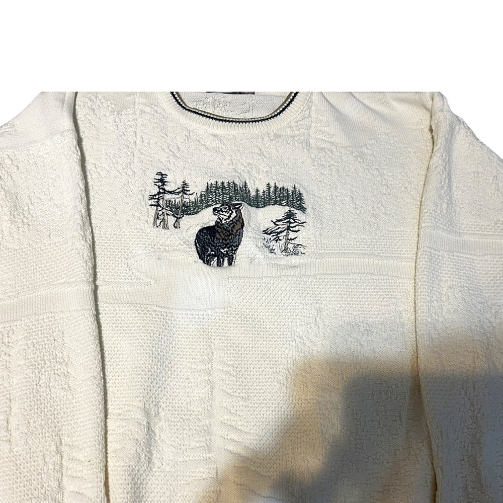 Vintage Cedar Falls XL Sweater Wolf Embroidery Cream Textured Knit Wildlife USA - Picture 2 of 6